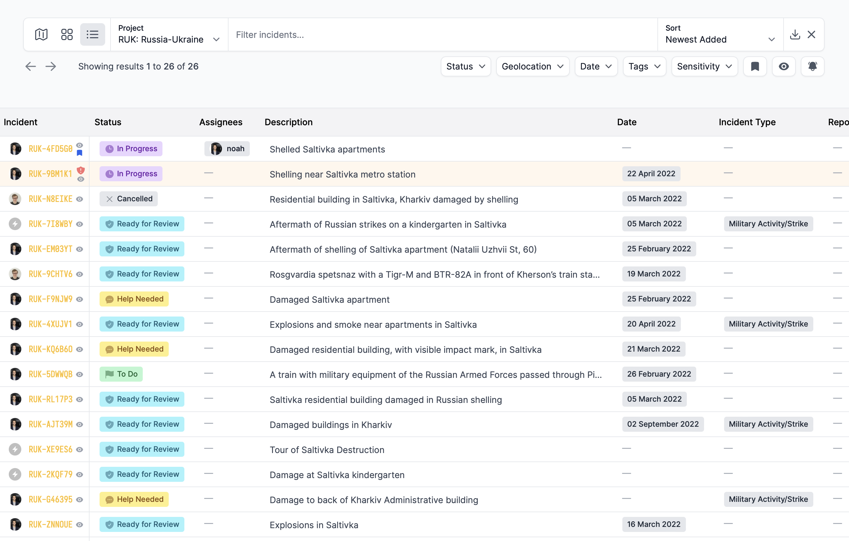 A project’s Incidents page.